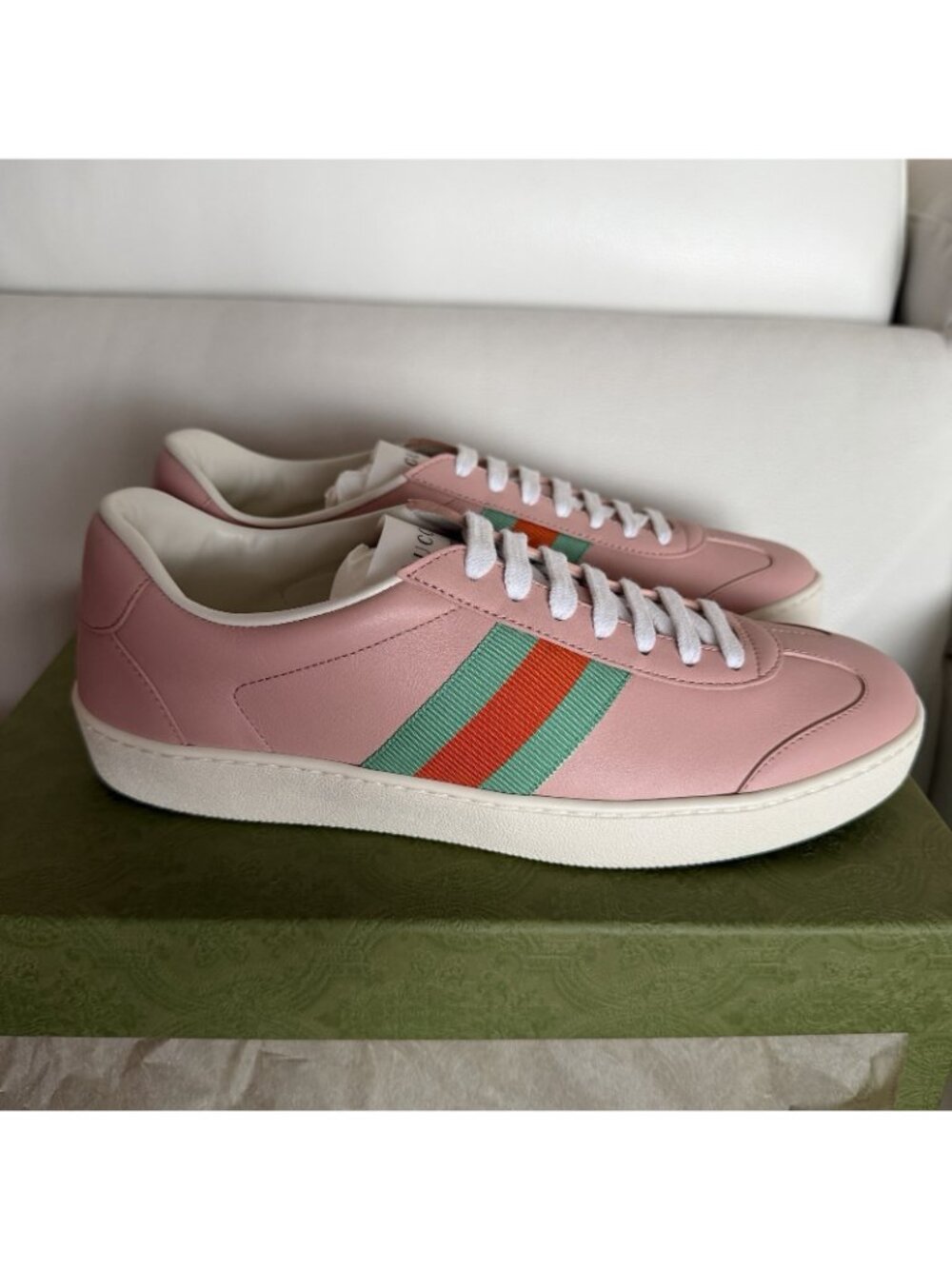 NEW Gucci Women's Sneakers Pink G74 Leather Web White size 38 8 US - Picture 4 of 10